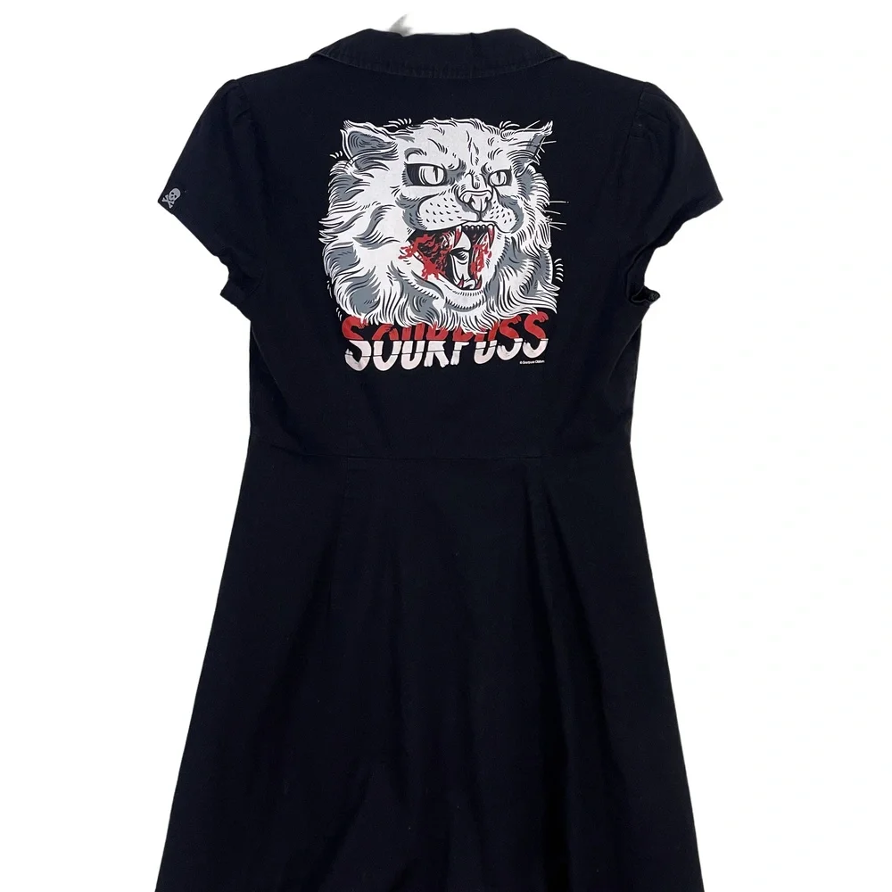 Sourpuss Clothing Y2K Black Cat Cap Sleeve Collared Zip Up Shirt Dress Large - Picture 7 of 12